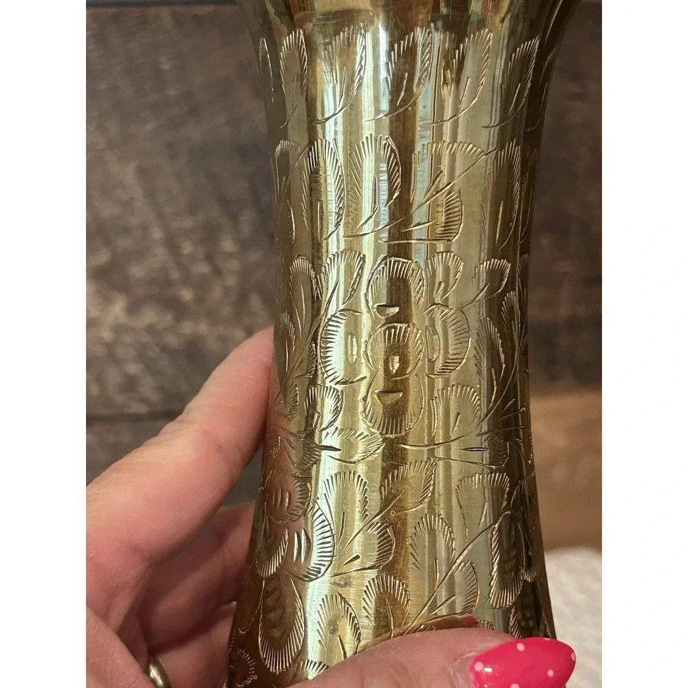 Solid Brass Vase Etched Floral Leaf Design 9.5